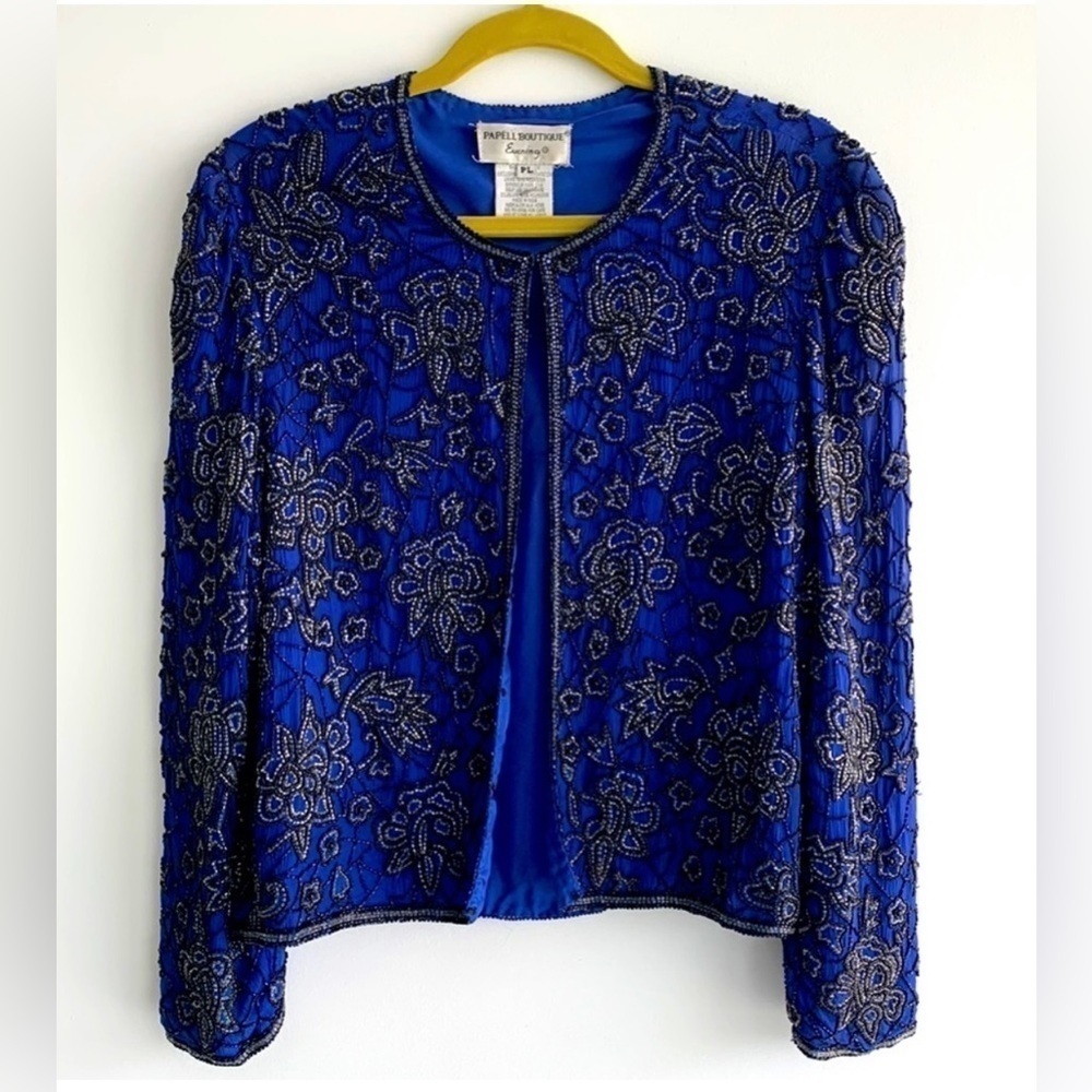Vintage Papell Boutique evening beaded crop jacket elegant royal blue, S PL
